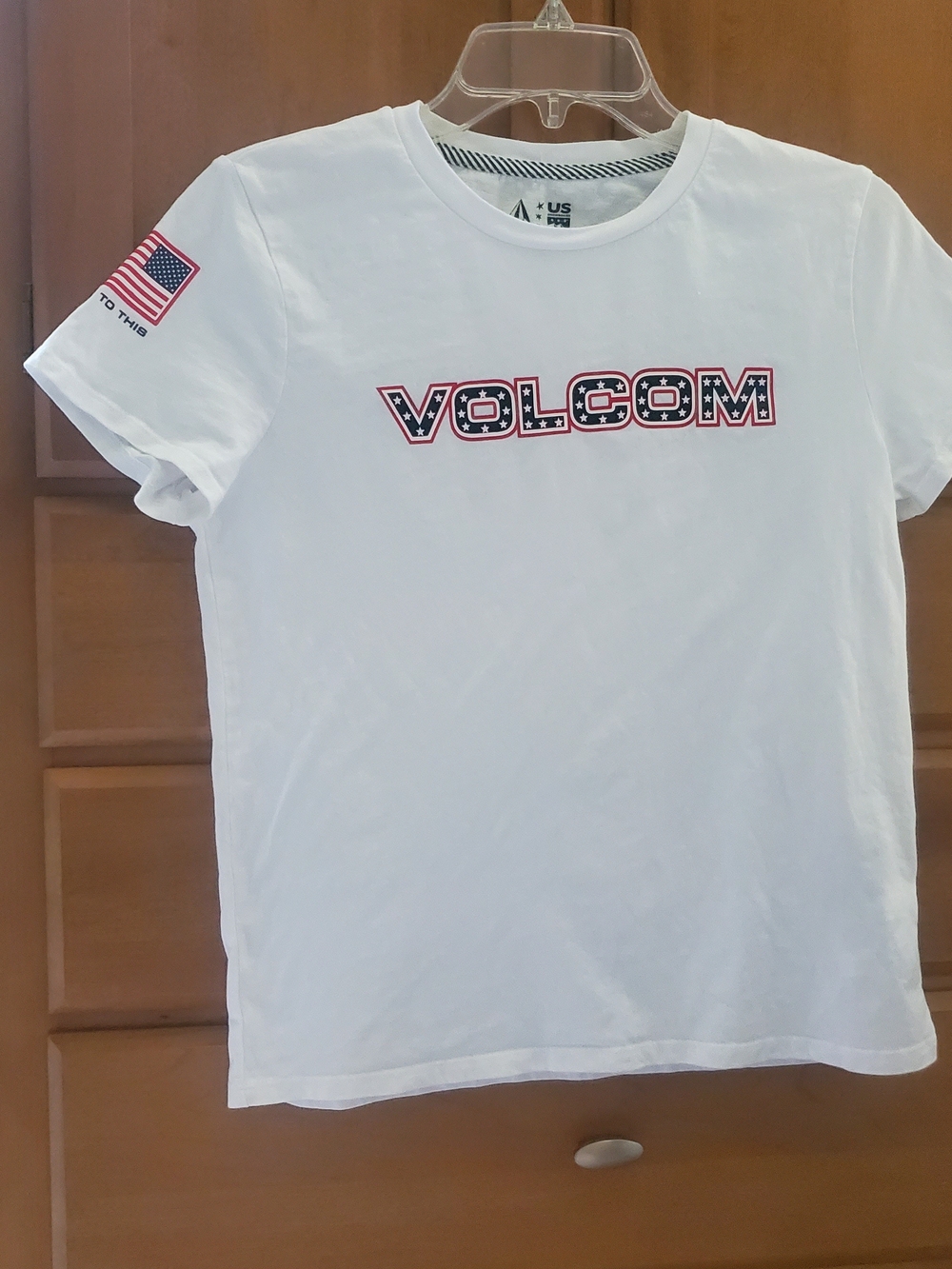 Volcom White Tee with Red, Blue Star-Pattern Logo